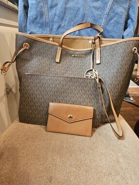 Michael Kors Brown 3p Monogram Jet Set Tote with Tan Accents and Gold Hardware